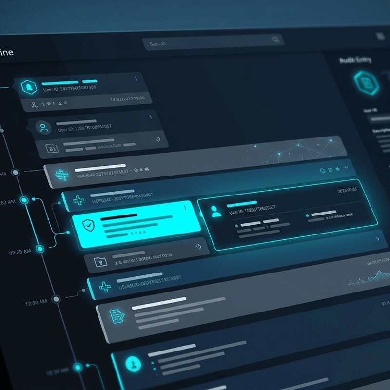Audit log with cyan highlighted evidence timeline entries
