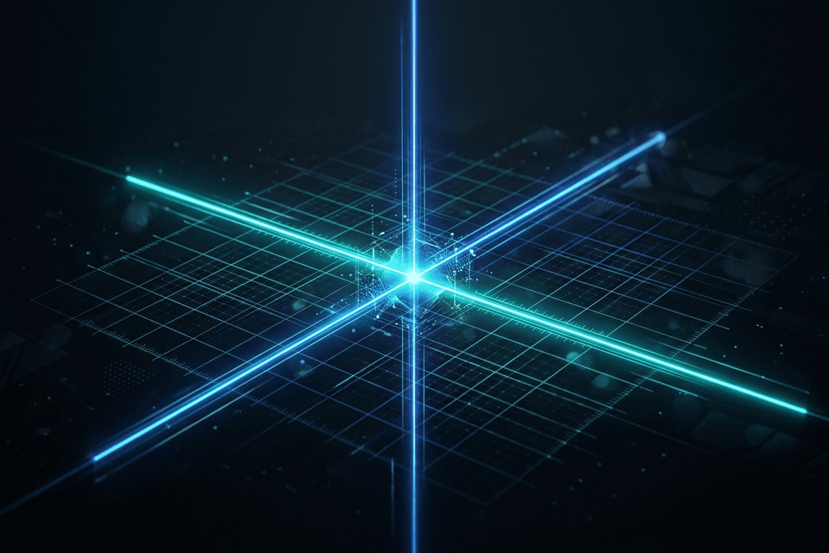Three intersecting axes in a 3D coordinate space with glowing cyan and blue lines