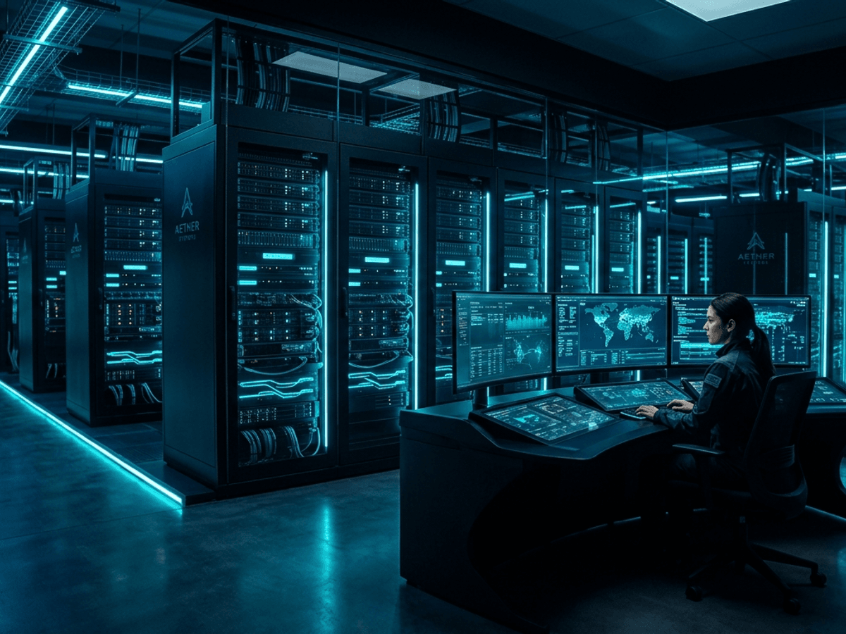 Futuristic control room with server infrastructure lit by cyan ambient lighting