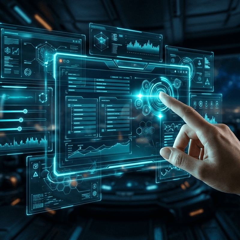 Human hand interacting with a holographic governance panel