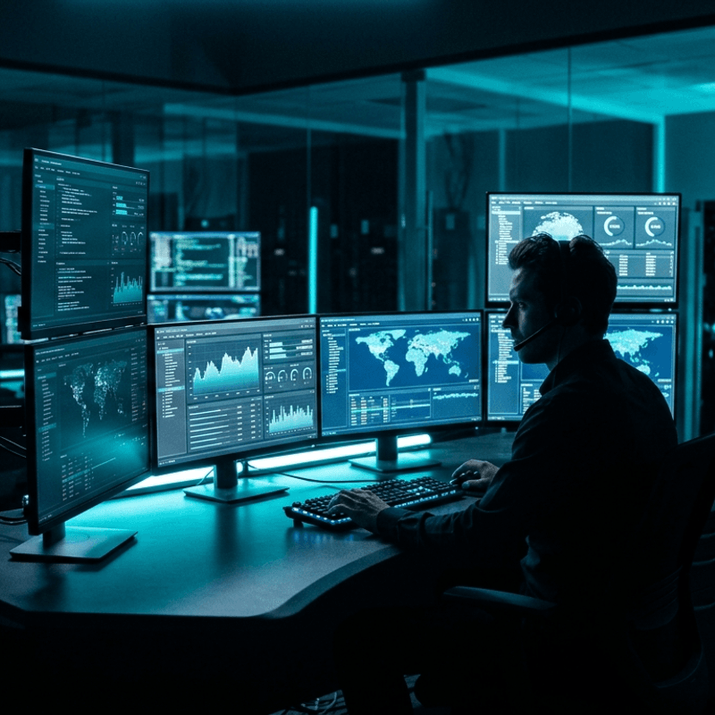 Professional reviewing data on screens in a dark control room