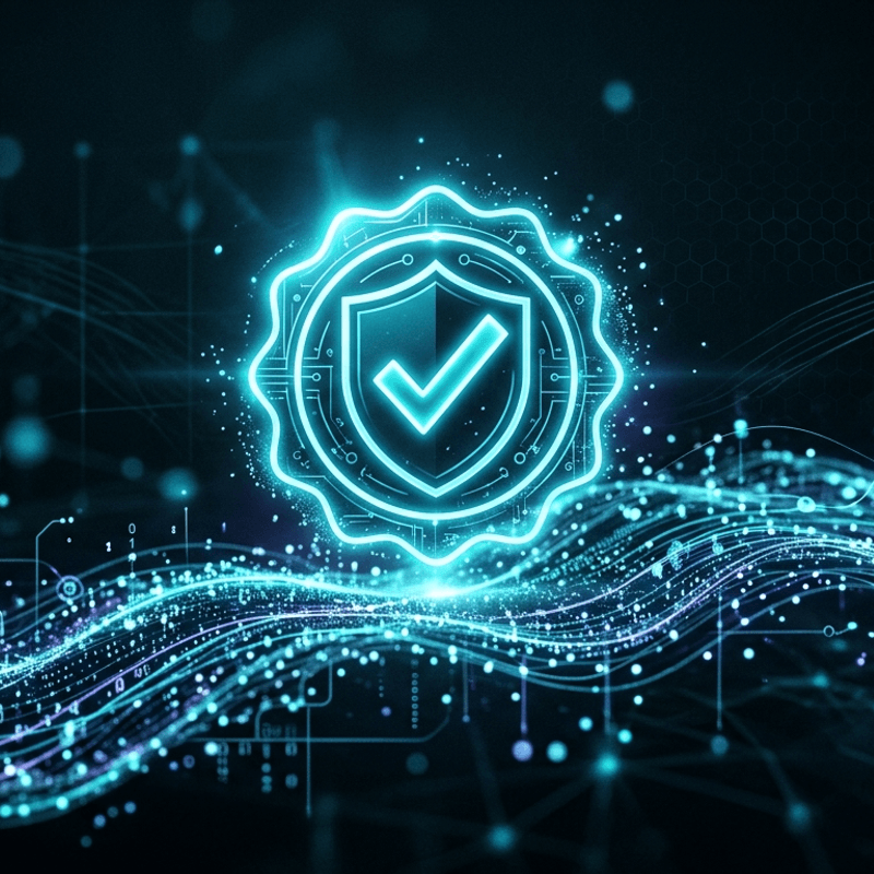 Verified checkmark over a flowing data stream