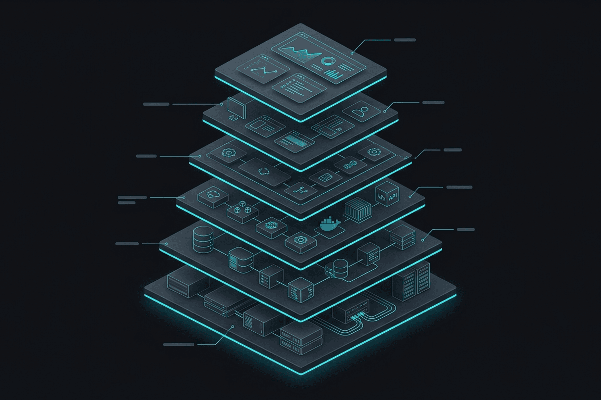 Layered architecture diagram of the SAAAS platform with cyan accent lines