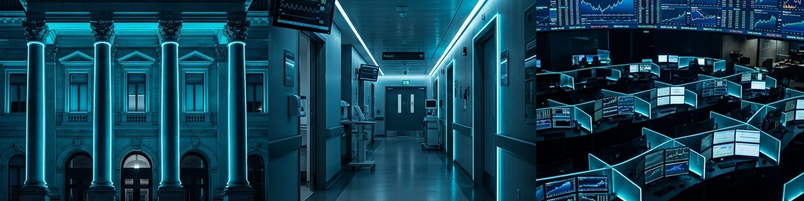 Composite of a government building facade, hospital corridor, and financial trading floor with cyan accent lighting