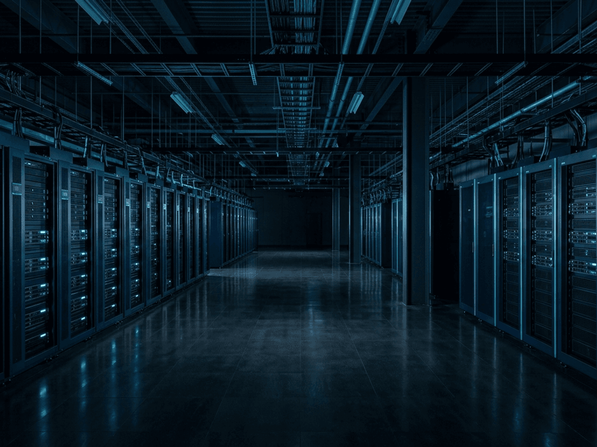 Institutional data center with dark server racks lit by subtle cyan highlights